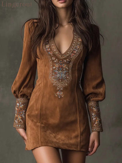 The Embroidered Suede Boho Mini Dress - Brown / S