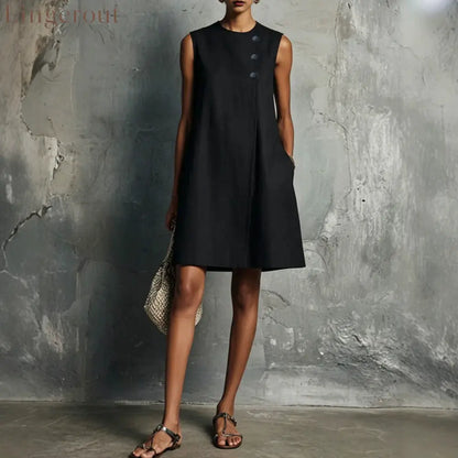The Sculptural Button Shift Mini Dress