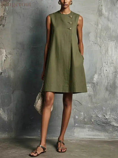 The Sculptural Button Shift Mini Dress - Army green / S