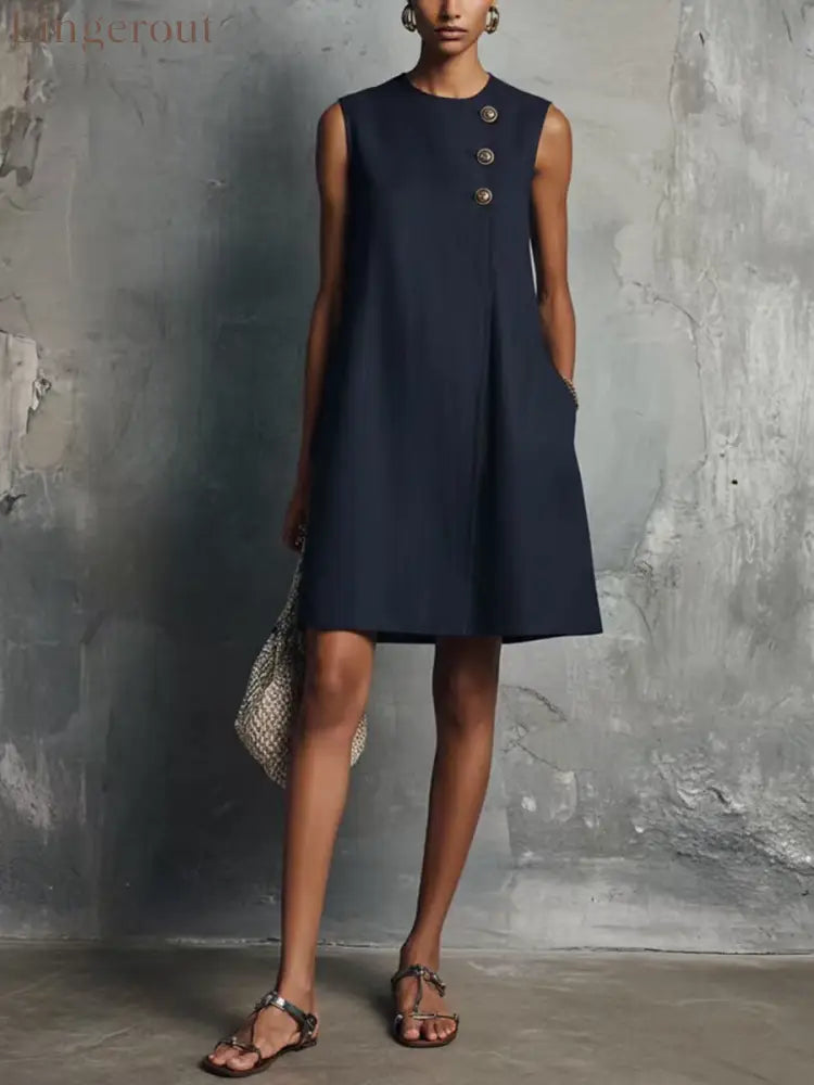 The Sculptural Button Shift Mini Dress - Navy blue / S