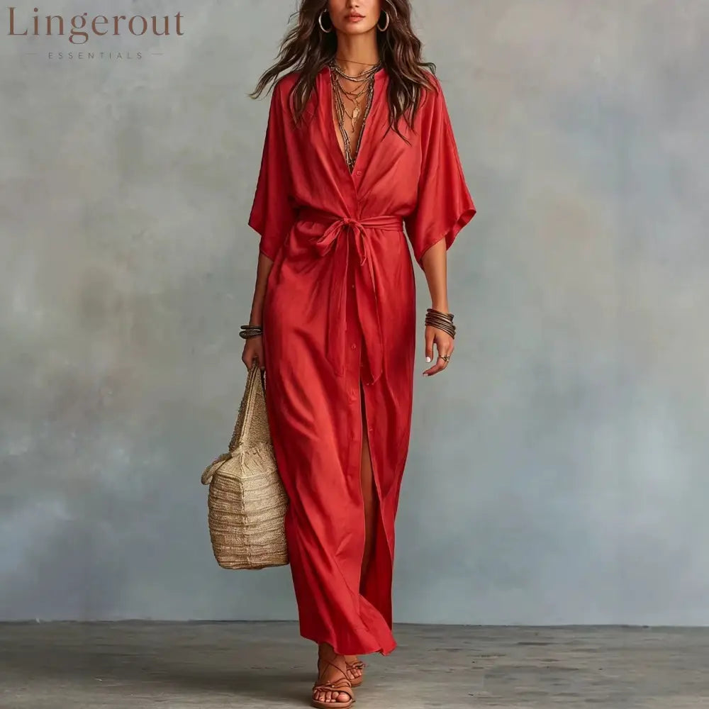 Tie Waist Split Maxi Shirt Dress