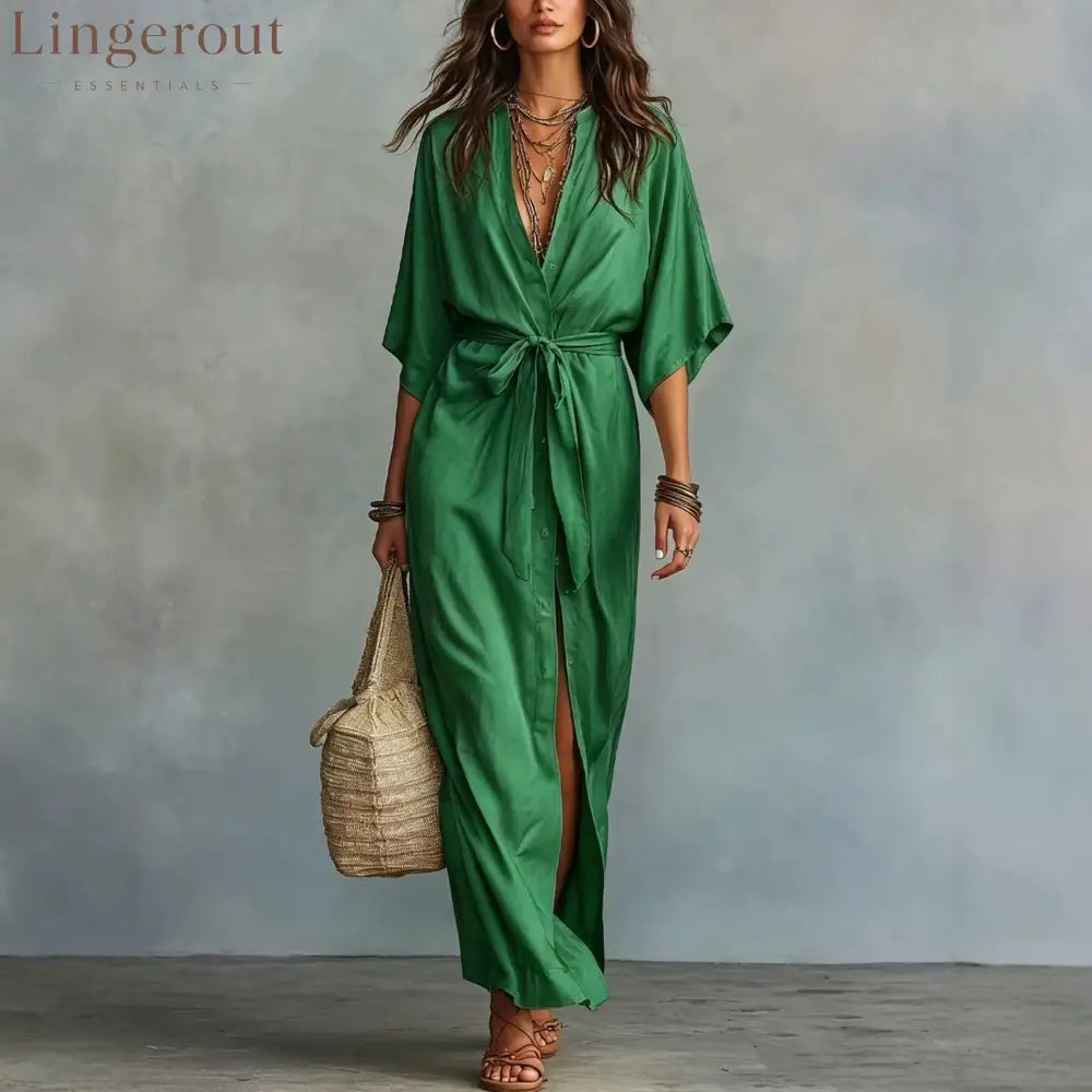Tie Waist Split Maxi Shirt Dress