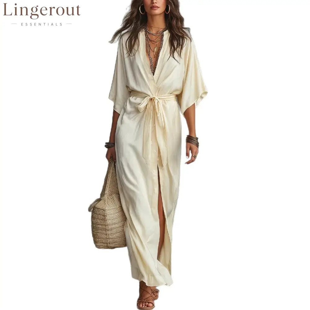 Tie Waist Split Maxi Shirt Dress