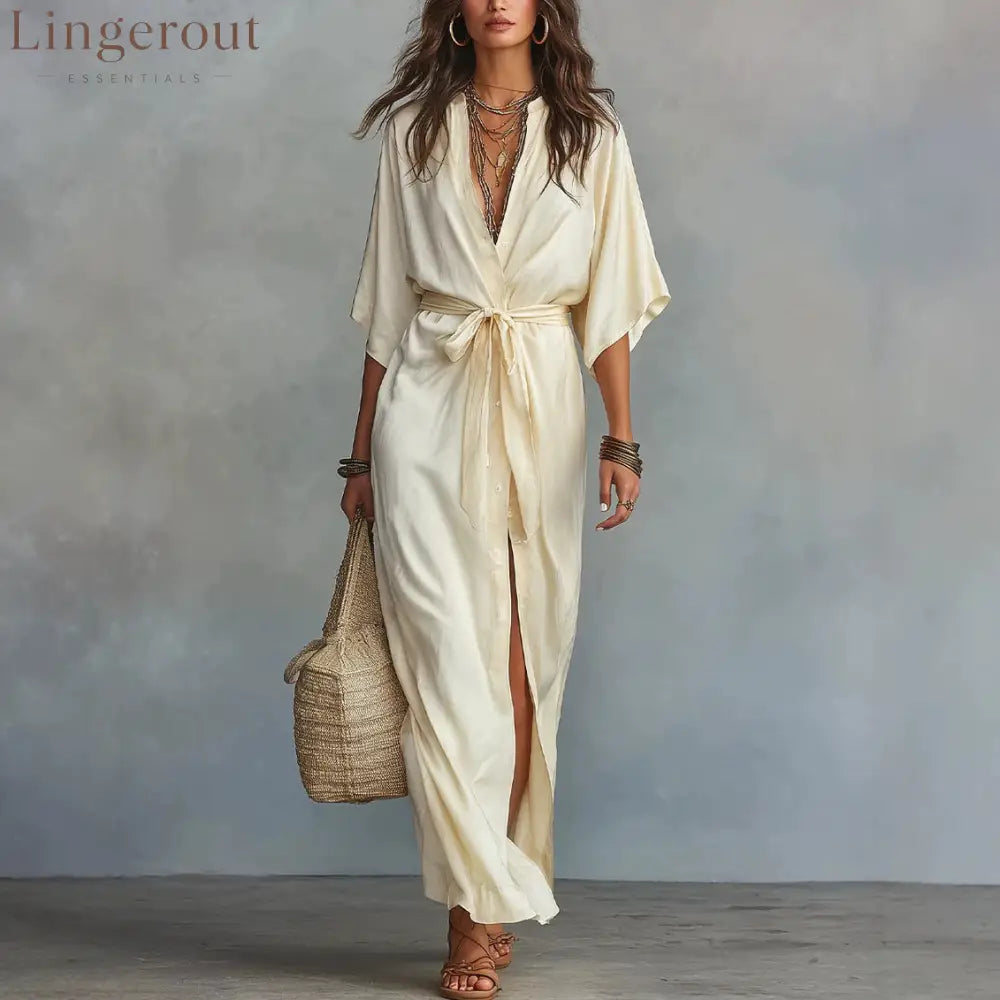 Tie Waist Split Maxi Shirt Dress