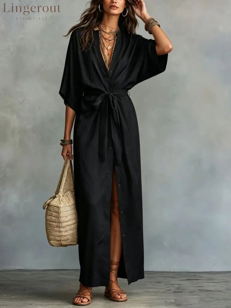 Tie Waist Split Maxi Shirt Dress - Black / M