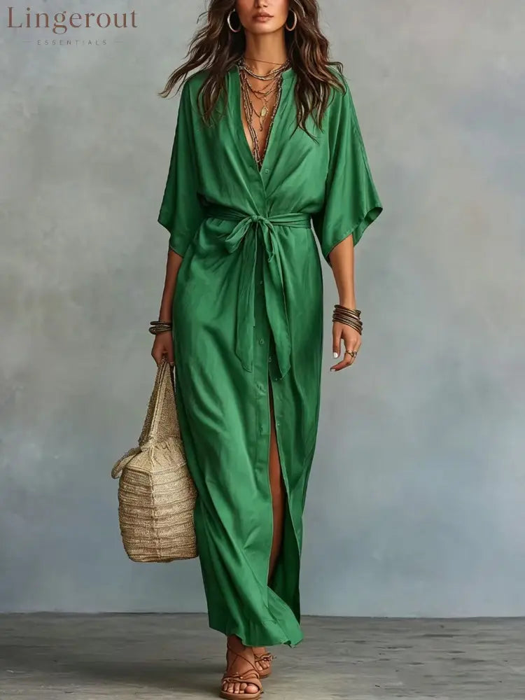 Tie Waist Split Maxi Shirt Dress - Green / M