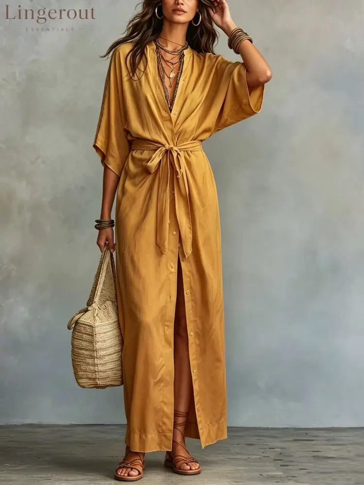 Tie Waist Split Maxi Shirt Dress - Yellow / M
