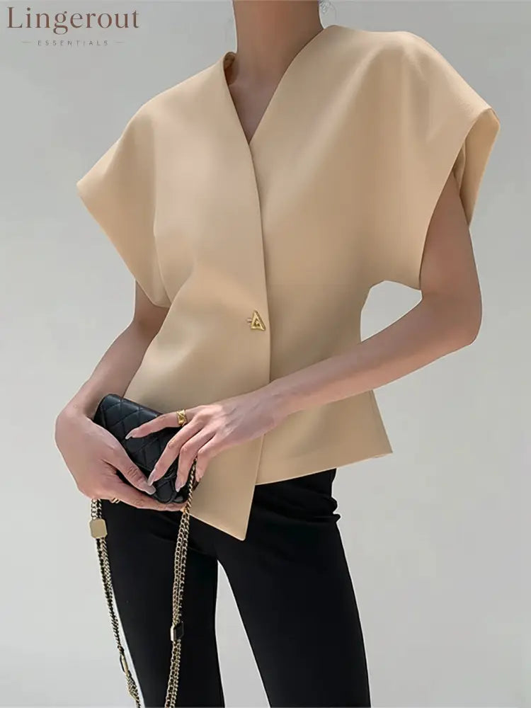 Trendy V-Neck Button Down Blouse - Apricot / S