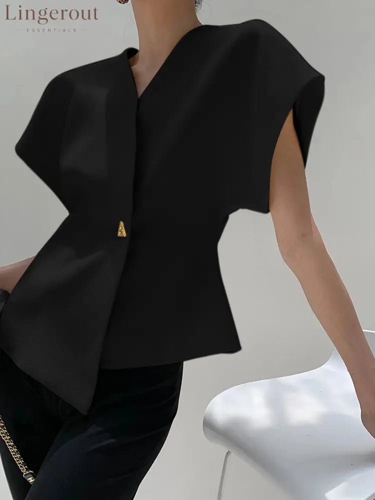 Trendy V-Neck Button Down Blouse - Black / S