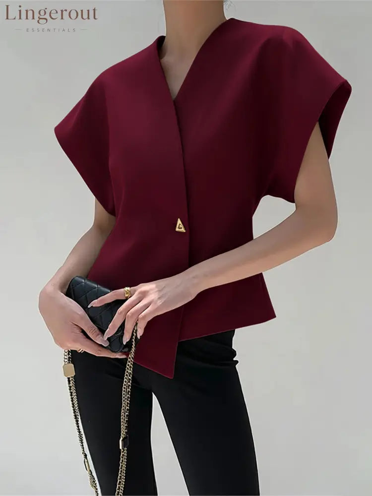 Trendy V-Neck Button Down Blouse - Burgundy / S