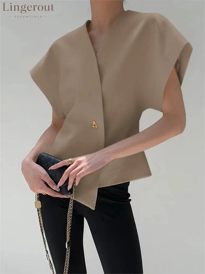 Trendy V-Neck Button Down Blouse - Khaki / S