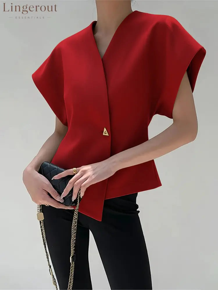 Trendy V-Neck Button Down Blouse - Red / S