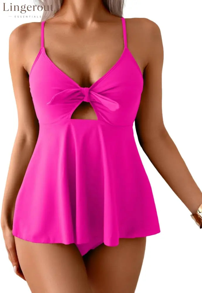 Tummy Control Cutout Bathing Suit Two Piece Tankini Swimsuits - Hot Pink / Small