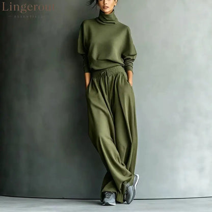 Turtleneck Oversized Knit Top & High Waist Wide Leg Pants Loungewear Set