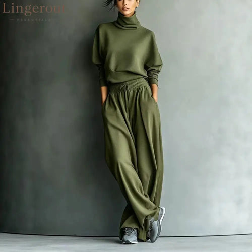 Turtleneck Oversized Knit Top & High Waist Wide Leg Pants Loungewear Set