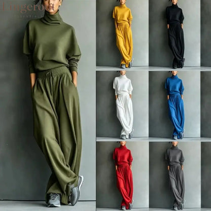 Turtleneck Oversized Knit Top & High Waist Wide Leg Pants Loungewear Set