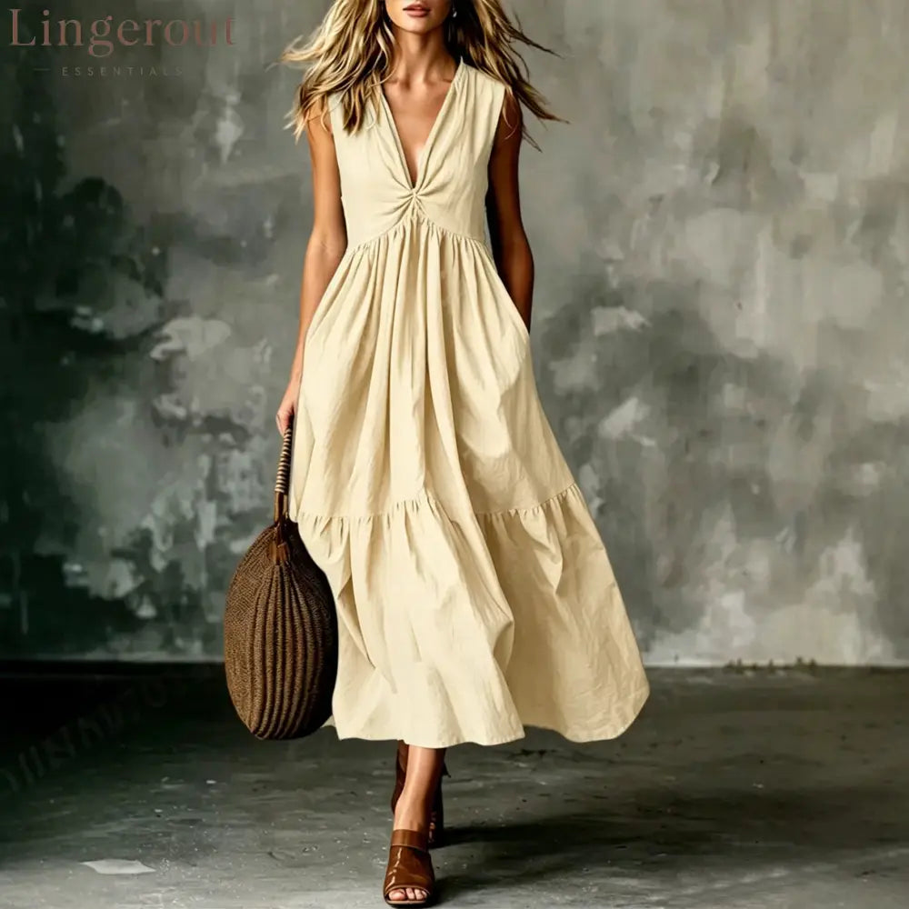 Twist Front V-Neck Sleeveless Pocket Textured Flowy Maxi Dress