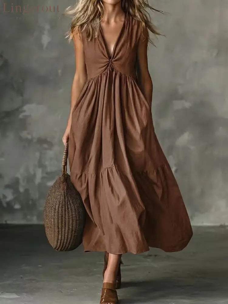 Twist Front V-Neck Sleeveless Pocket Textured Flowy Maxi Dress - Brown / S