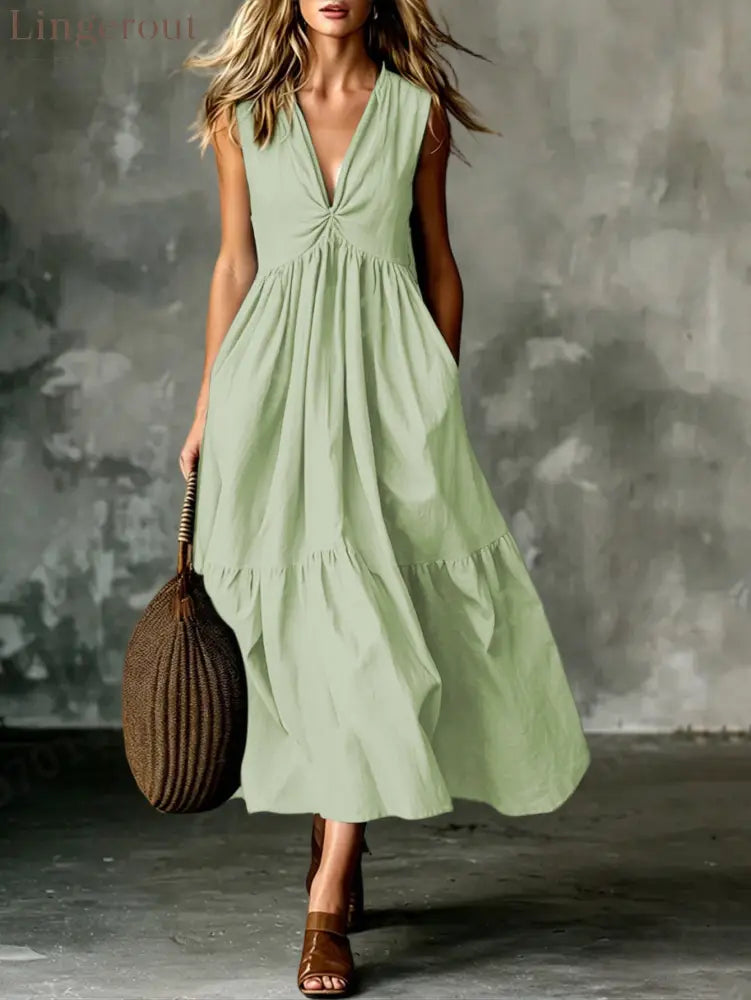 Twist Front V-Neck Sleeveless Pocket Textured Flowy Maxi Dress - Light green / S