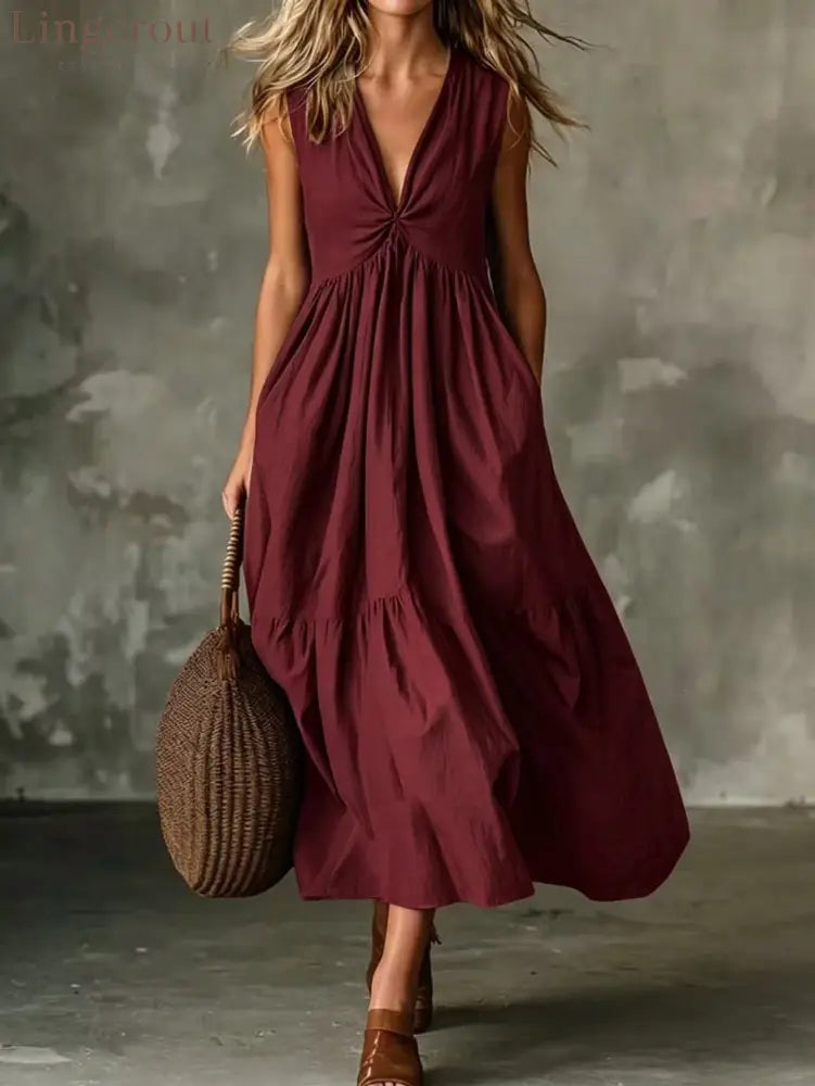 Twist Front V-Neck Sleeveless Pocket Textured Flowy Maxi Dress - Red / S