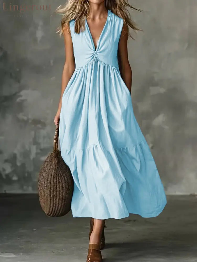 Twist Front V-Neck Sleeveless Pocket Textured Flowy Maxi Dress - Sky blue / S