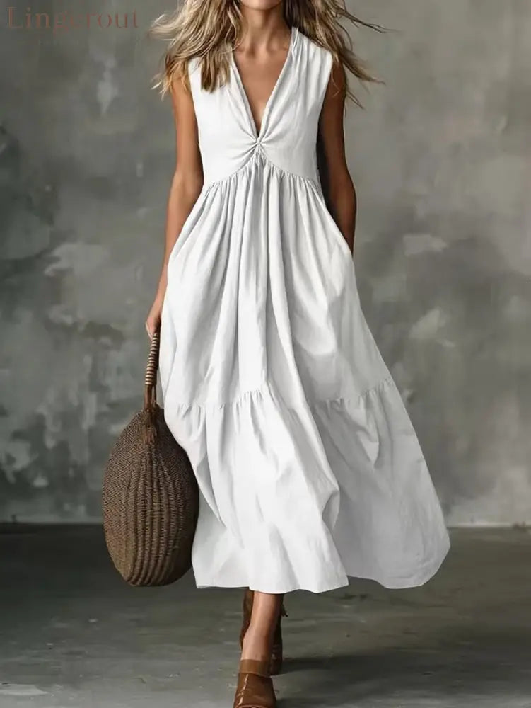 Twist Front V-Neck Sleeveless Pocket Textured Flowy Maxi Dress - White / S