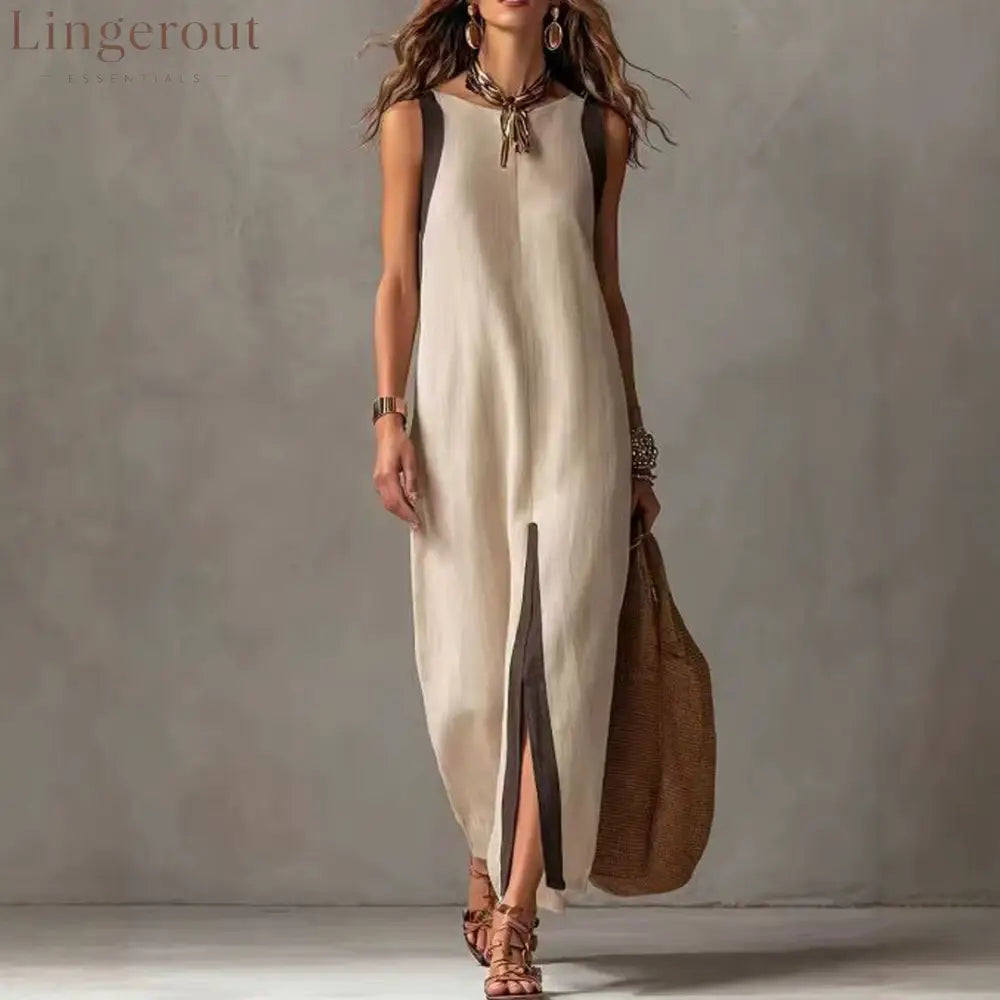 Two-Tone Color Block Sleeveless Straight Midi Dress