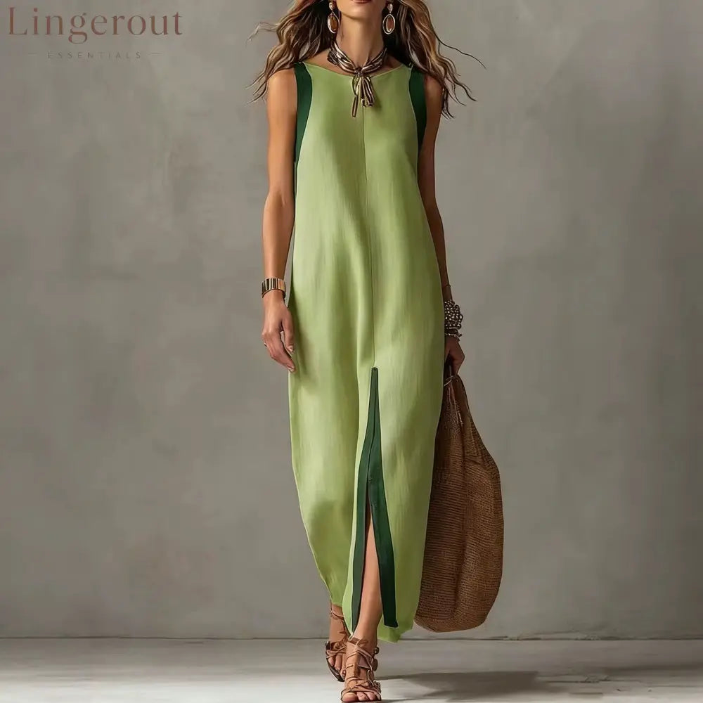 Two-Tone Color Block Sleeveless Straight Midi Dress