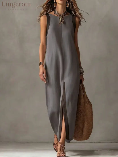 Two-Tone Color Block Sleeveless Straight Midi Dress - Grey / S