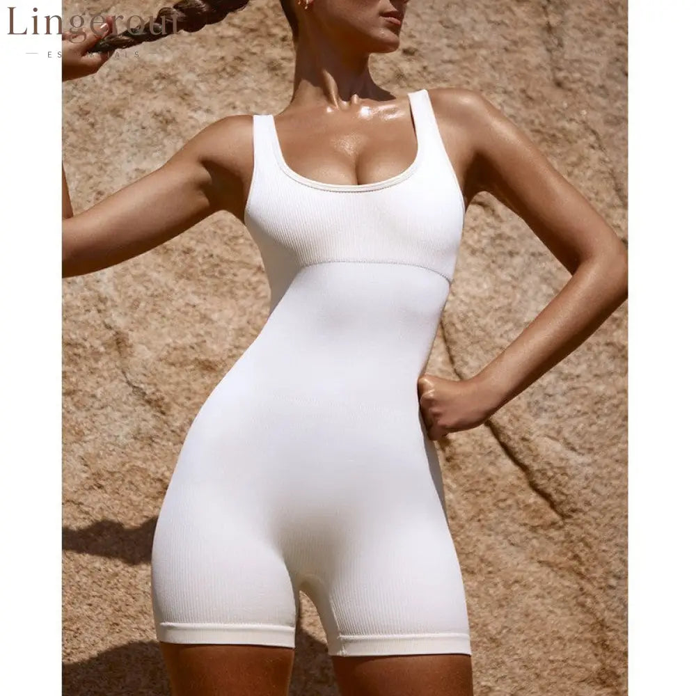 U-Neck Crisscross Back High-Stretch Butt-Lifting Shaping Workout Bodysuit with Removable Bra Pads
