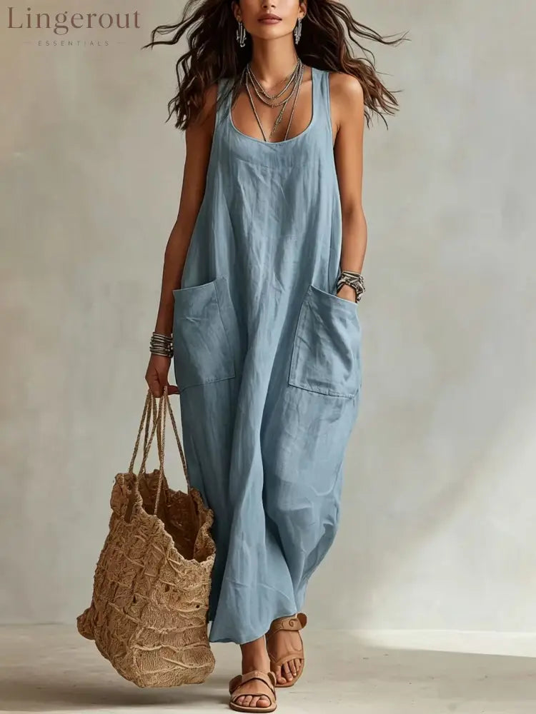 U-Neck Sleeveless Loose Pocket Maxi Dress Casual Flowy Long Dress - Light blue / XS