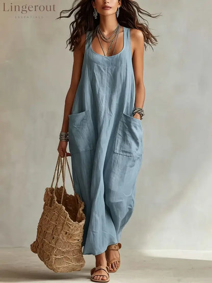 U-Neck Sleeveless Loose Pocket Maxi Dress Casual Flowy Long Dress - Light blue / XS