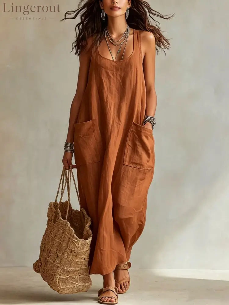 U-Neck Sleeveless Loose Pocket Maxi Dress Casual Flowy Long Dress - Light brown / XS