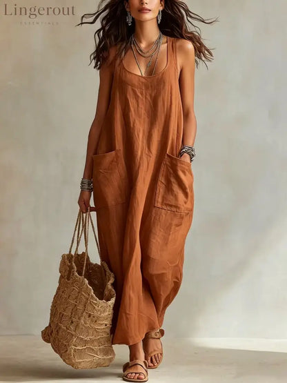 U-Neck Sleeveless Loose Pocket Maxi Dress Casual Flowy Long Dress - Light brown / XS