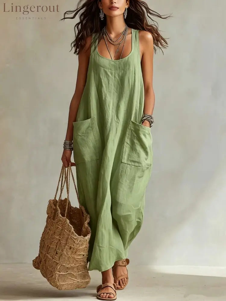 U-Neck Sleeveless Loose Pocket Maxi Dress Casual Flowy Long Dress - Light green / XS