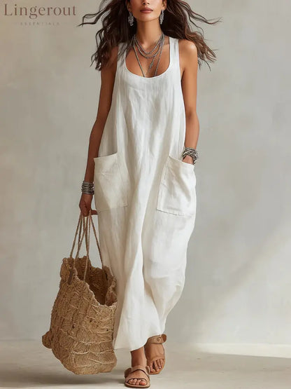 U-Neck Sleeveless Loose Pocket Maxi Dress Casual Flowy Long Dress - White / XS