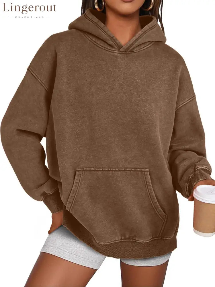 Unisex Casual Oversized Acid Wash Tops Hoodie Pullover - Brown / S