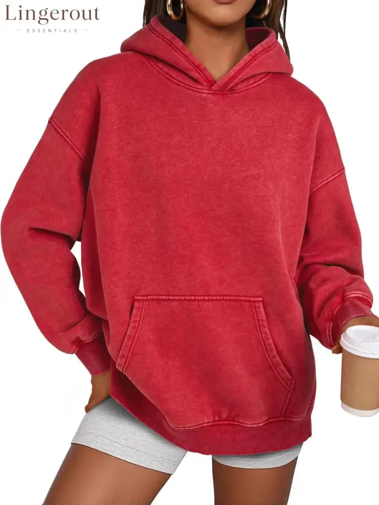 Unisex Casual Oversized Acid Wash Tops Hoodie Pullover - Red / S