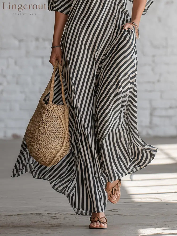 Urban Black Chiffon Striped Print Off Shoulder Maxi Dress