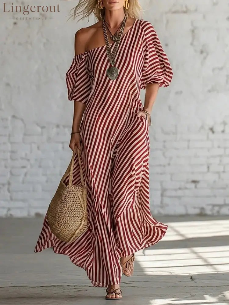Urban Black Chiffon Striped Print Off Shoulder Maxi Dress - Red / S