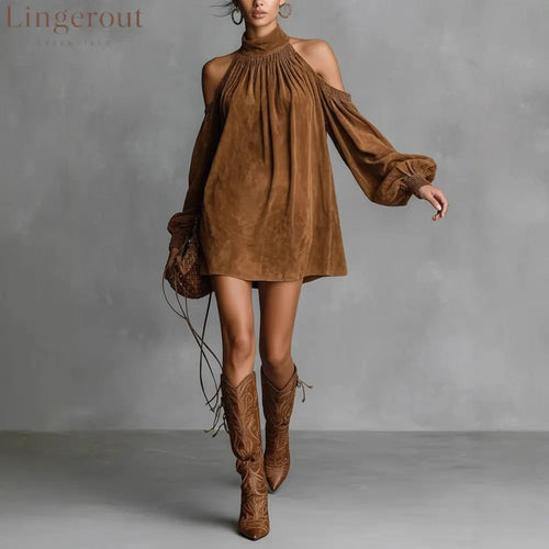 Urban Plain Stand Collar Mini Denim Dress - Brown / S(4-6)