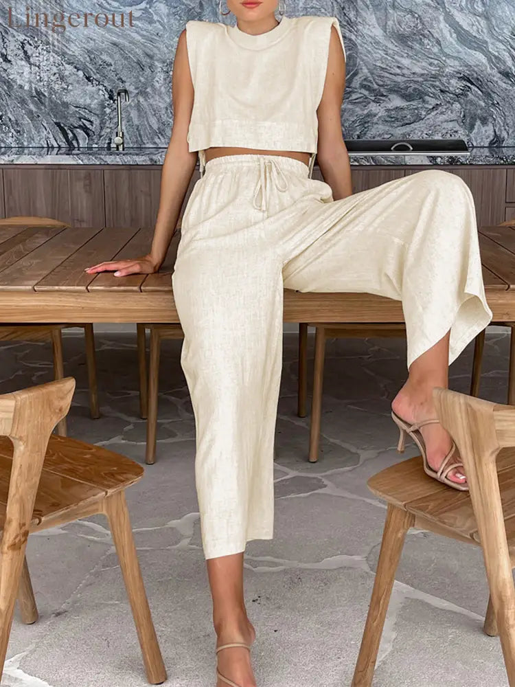 Utility Linen Two Piece Wide Leg Pants Set
