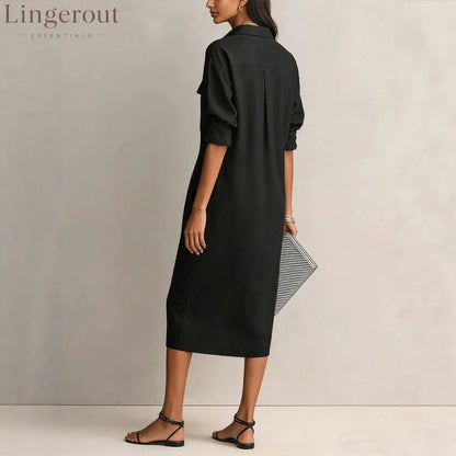 Utility Pocket Half Placket Midi Shirt Dress