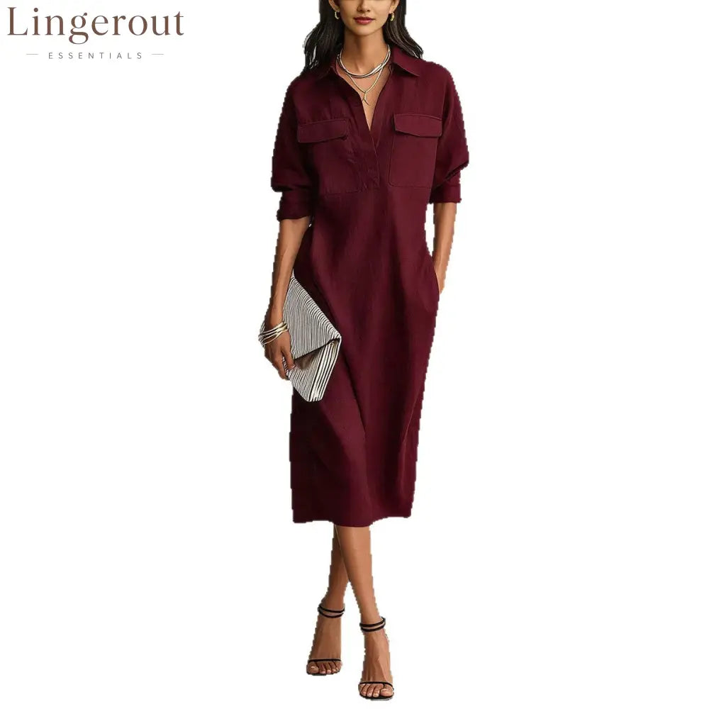 Utility Pocket Half Placket Midi Shirt Dress