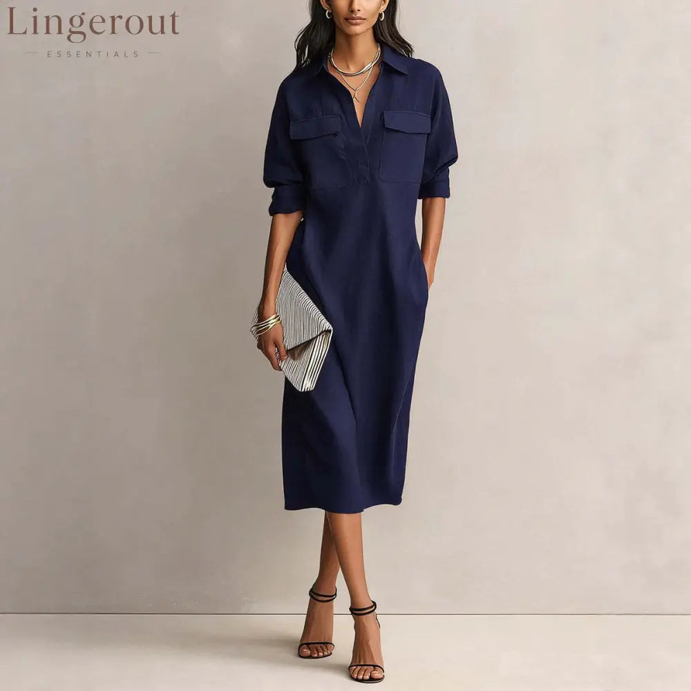 Utility Pocket Half Placket Midi Shirt Dress - Navy blue / S