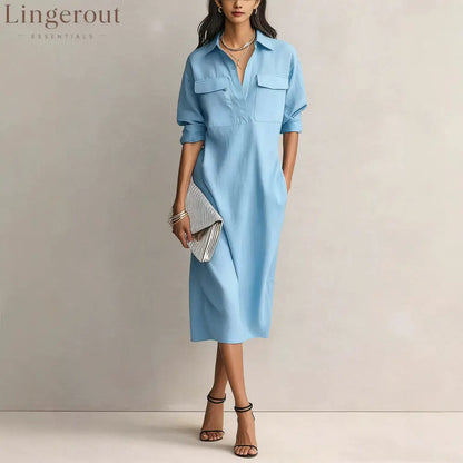 Utility Pocket Half Placket Midi Shirt Dress - Sky blue / S