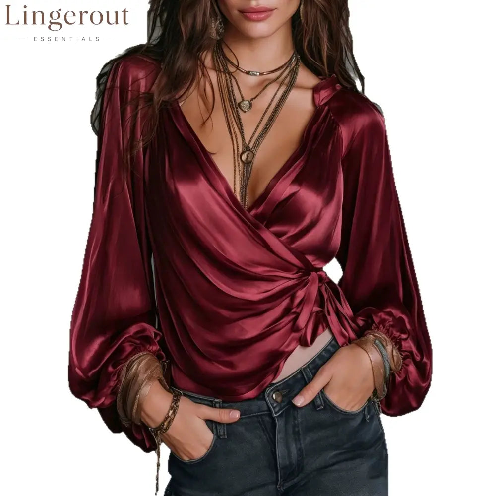 V-Neck Balloon Sleeve Tie Waist Elegant Top