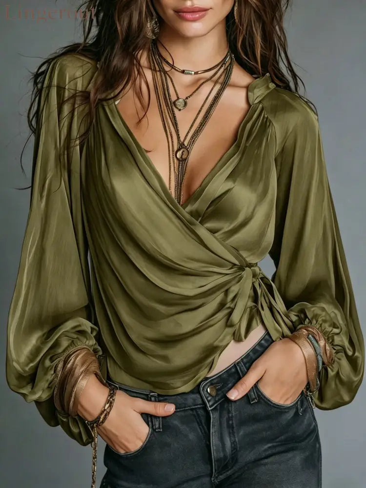 V-Neck Balloon Sleeve Tie Waist Elegant Top - Olive green / S