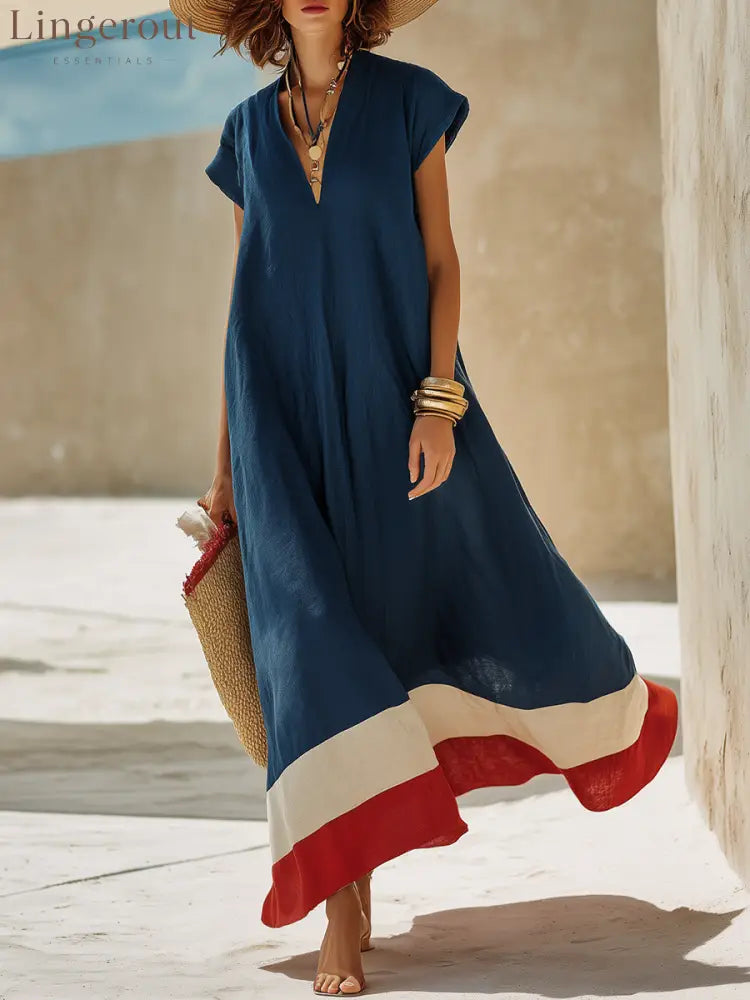 V-Neck Cap Sleeve Color Block Hem Linen Blend Loose Maxi Dress - Navy Blue / XS