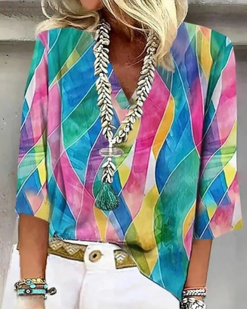 V-Neck Contrast Color Blouse - Blue / S